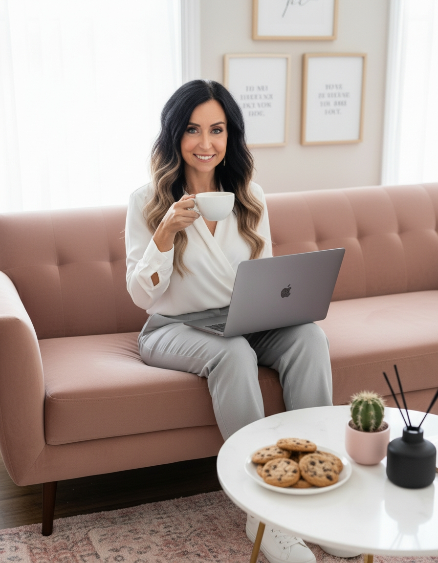 Woman with laptop and coffee on a soft pink couch